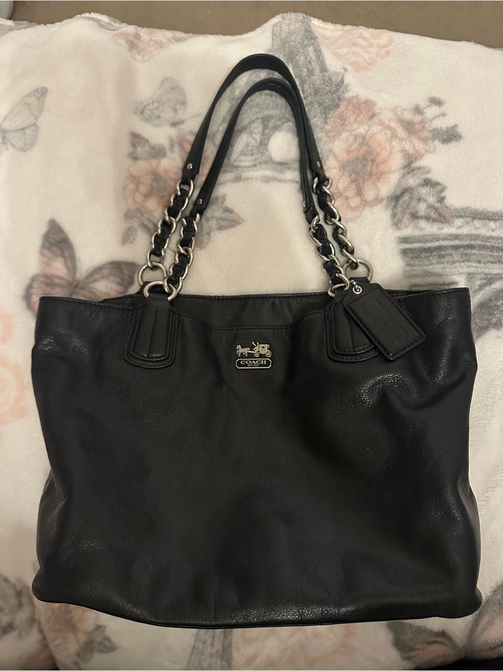 Coach Black Leather Tote with Chain-Link Straps
